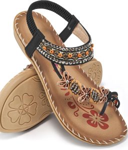 Womens Sandals Flats Shoes: Comfortable Bohemian Beaded Dressy Summer Flat Casual Ankle Strap Elastic Slip on Beach Sandal