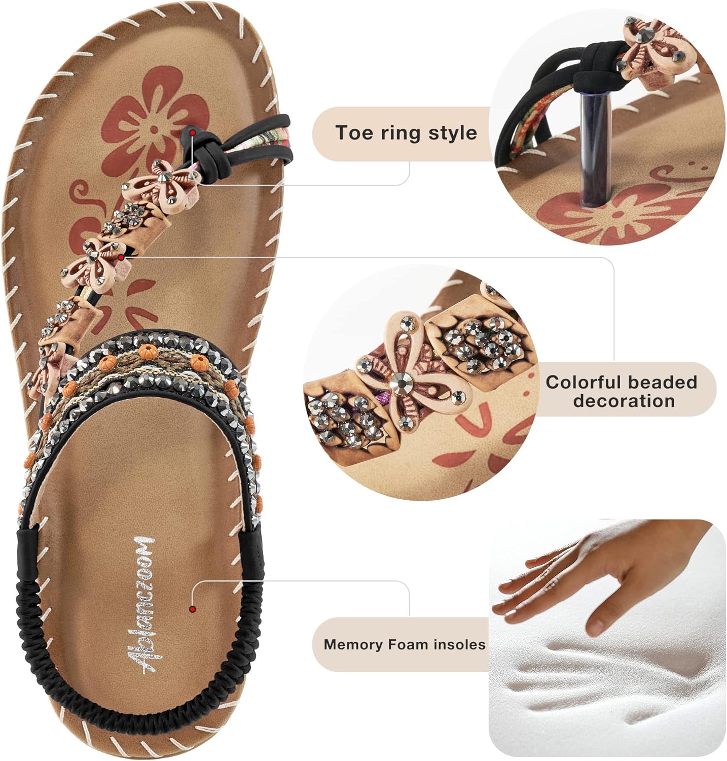 Womens Sandals Flats Shoes: Comfortable Bohemian Beaded Dressy Summer Flat Casual Ankle Strap Elastic Slip on Beach Sandal - Image 3