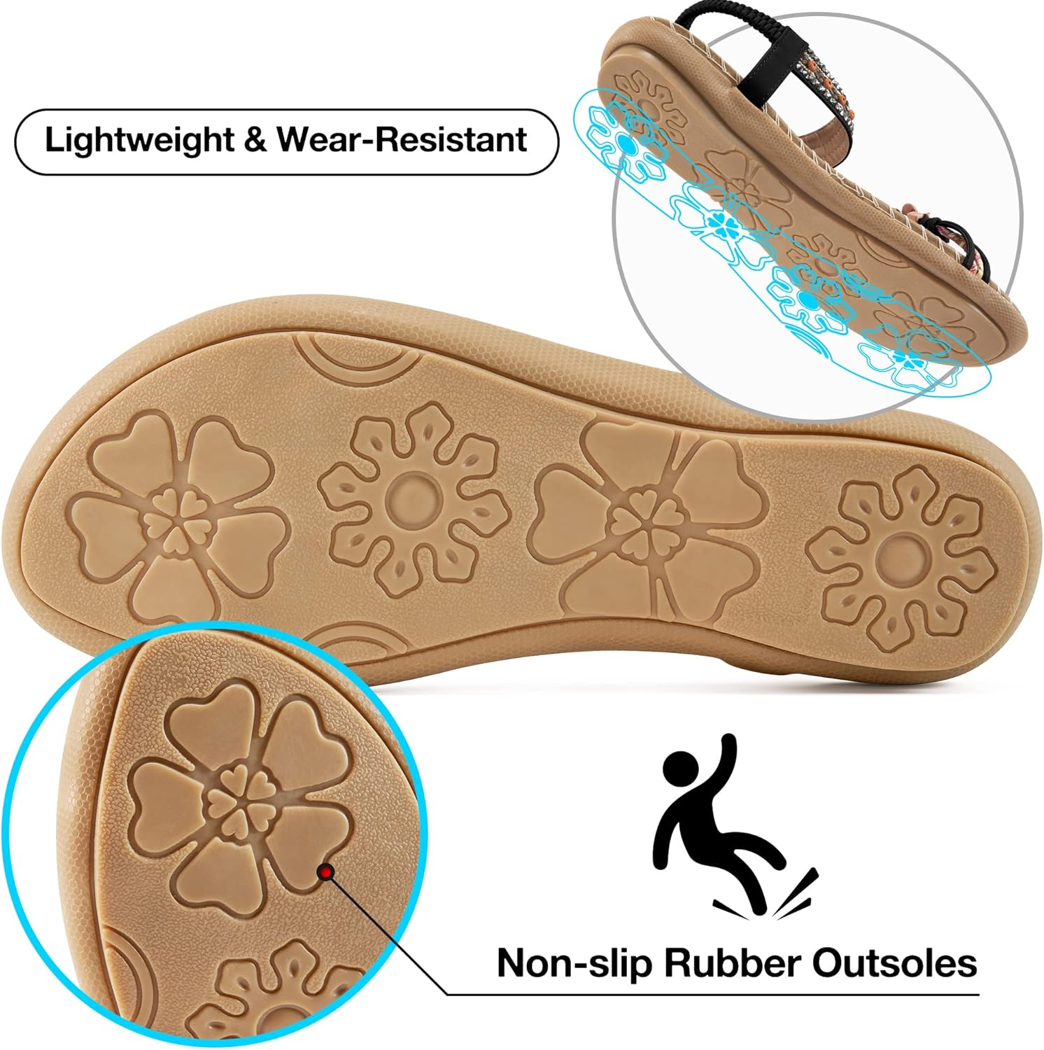 Womens Sandals Flats Shoes: Comfortable Bohemian Beaded Dressy Summer Flat Casual Ankle Strap Elastic Slip on Beach Sandal - Image 4