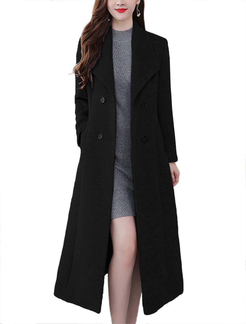 Women's Chic Shawl Collar Work Double Breasted Maxi Long Wool Pea Coat