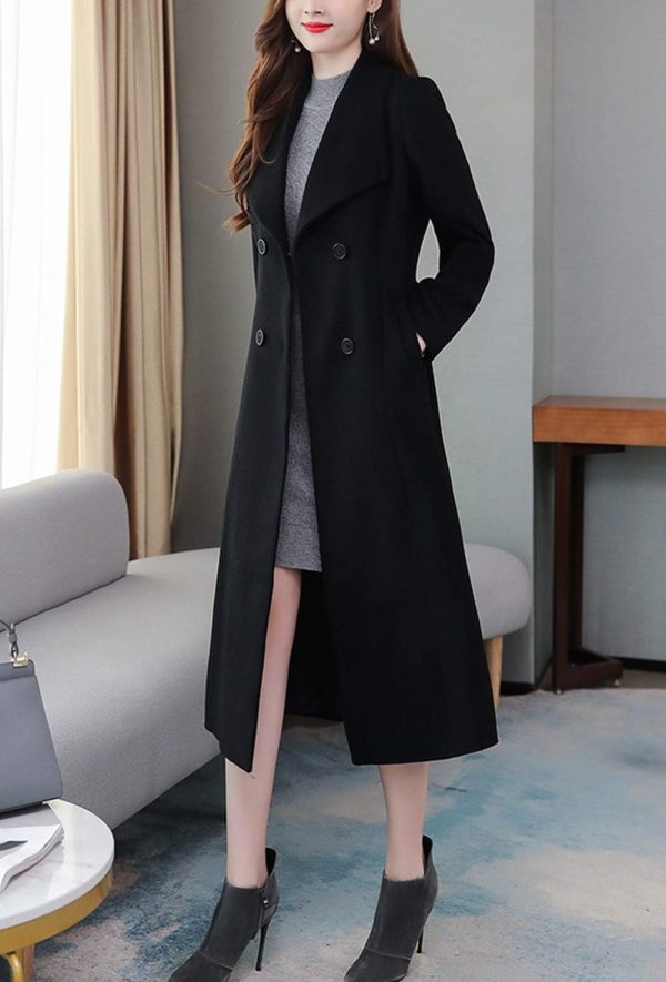 Women's Chic Shawl Collar Work Double Breasted Maxi Long Wool Pea Coat - Image 4