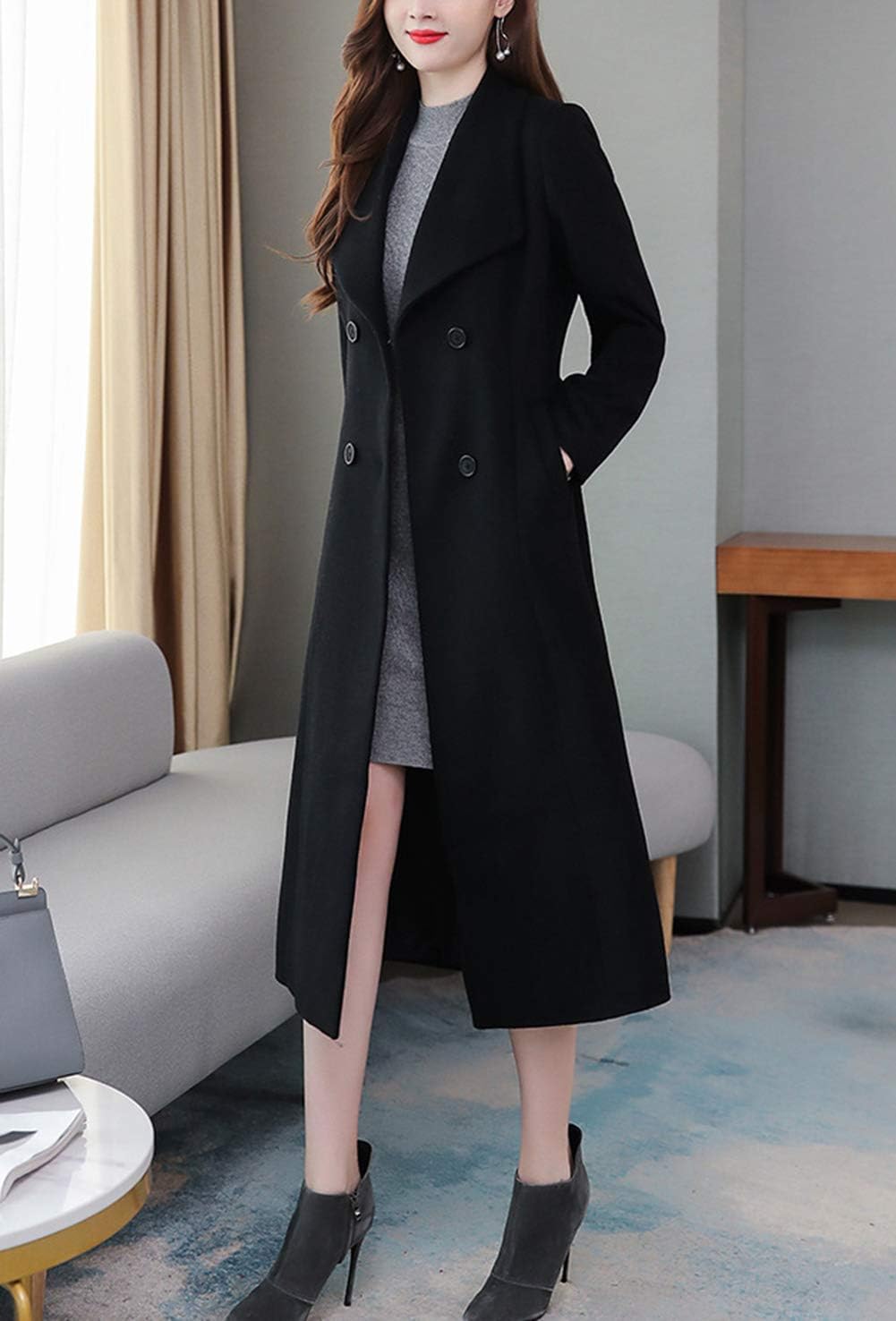 Women's Chic Shawl Collar Work Double Breasted Maxi Long Wool Pea Coat - Image 4
