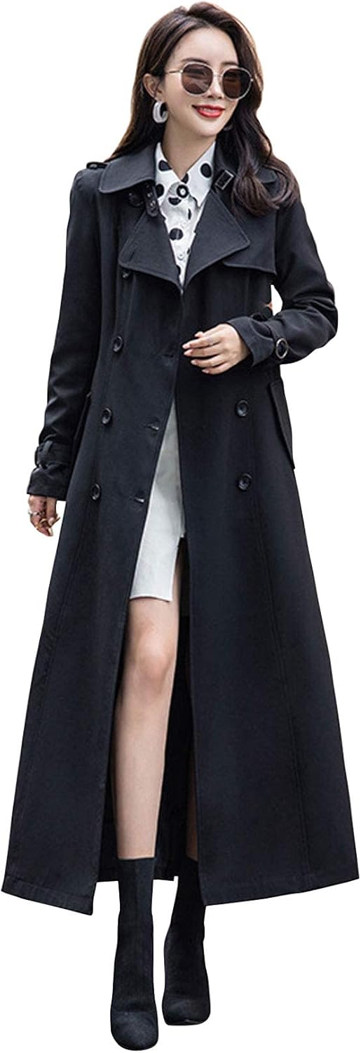 Women's Double Breasted Duster Trench Coat Slim Full Length Maxi Long Overcoat