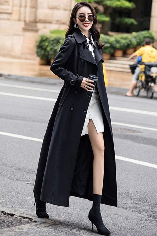Women's Double Breasted Duster Trench Coat Slim Full Length Maxi Long Overcoat - Image 2