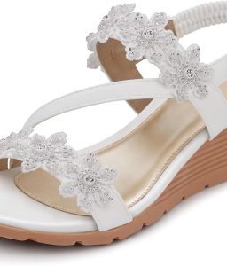 Wedge Sandals for Women Dressy: Summer Open Toe Low Platform Wedges Sandals Elastic Ankle Strap Flower Comfortable Casual Shoes