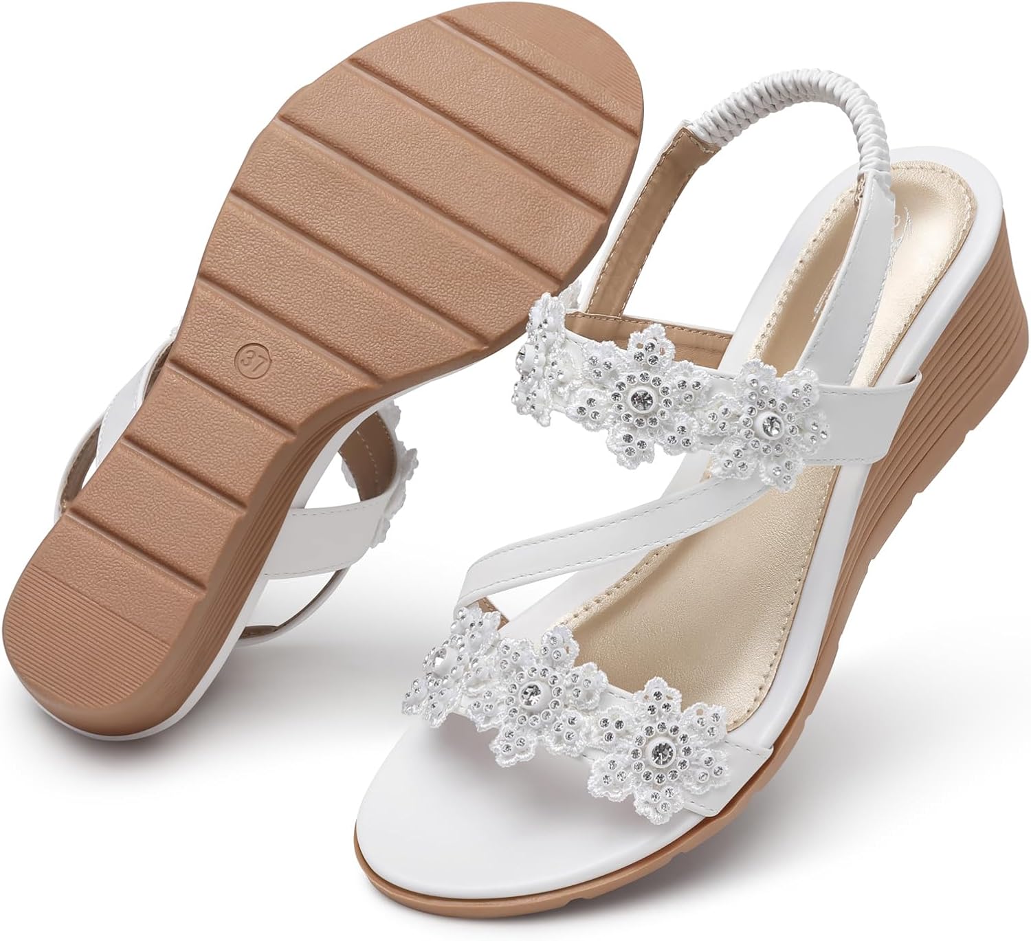 Wedge Sandals for Women Dressy: Summer Open Toe Low Platform Wedges Sandals Elastic Ankle Strap Flower Comfortable Casual Shoes - Image 6
